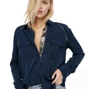 Free People Off Campus Embellished Long Sleeve Button Down Shirt Navy Blue Small